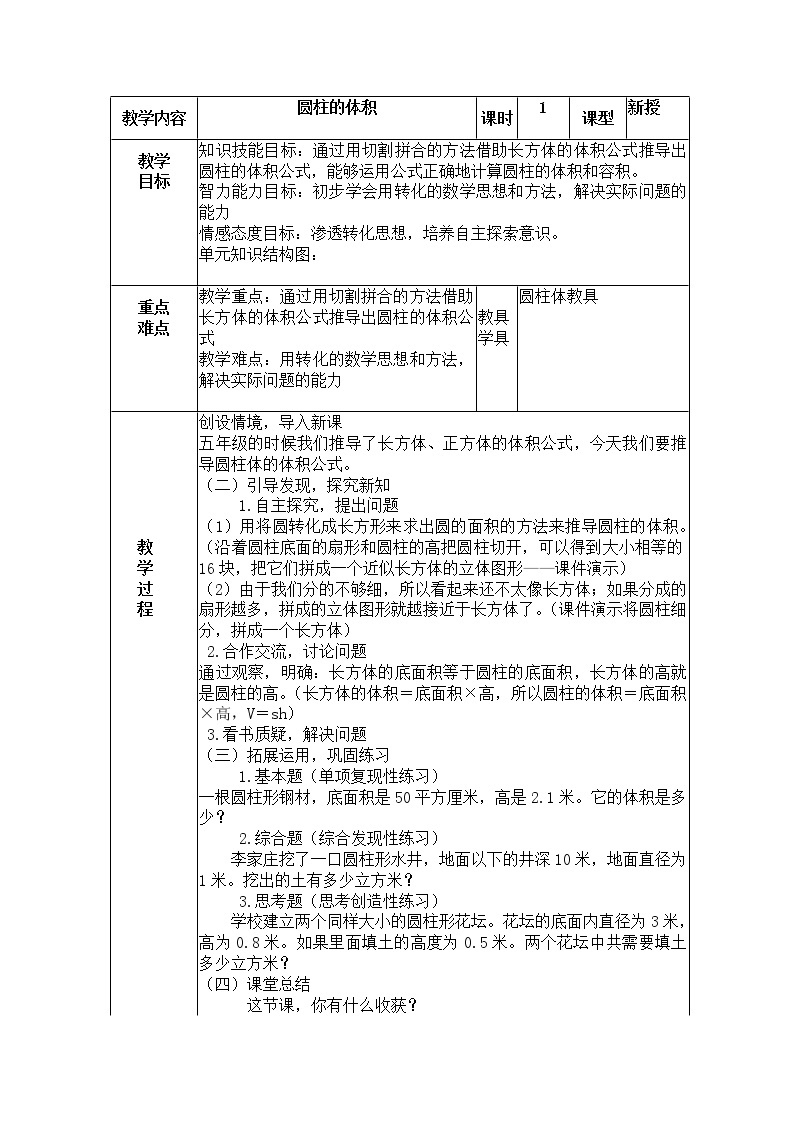六年级下册数学教案-1.2 圆柱的体积  北京版 (7)01