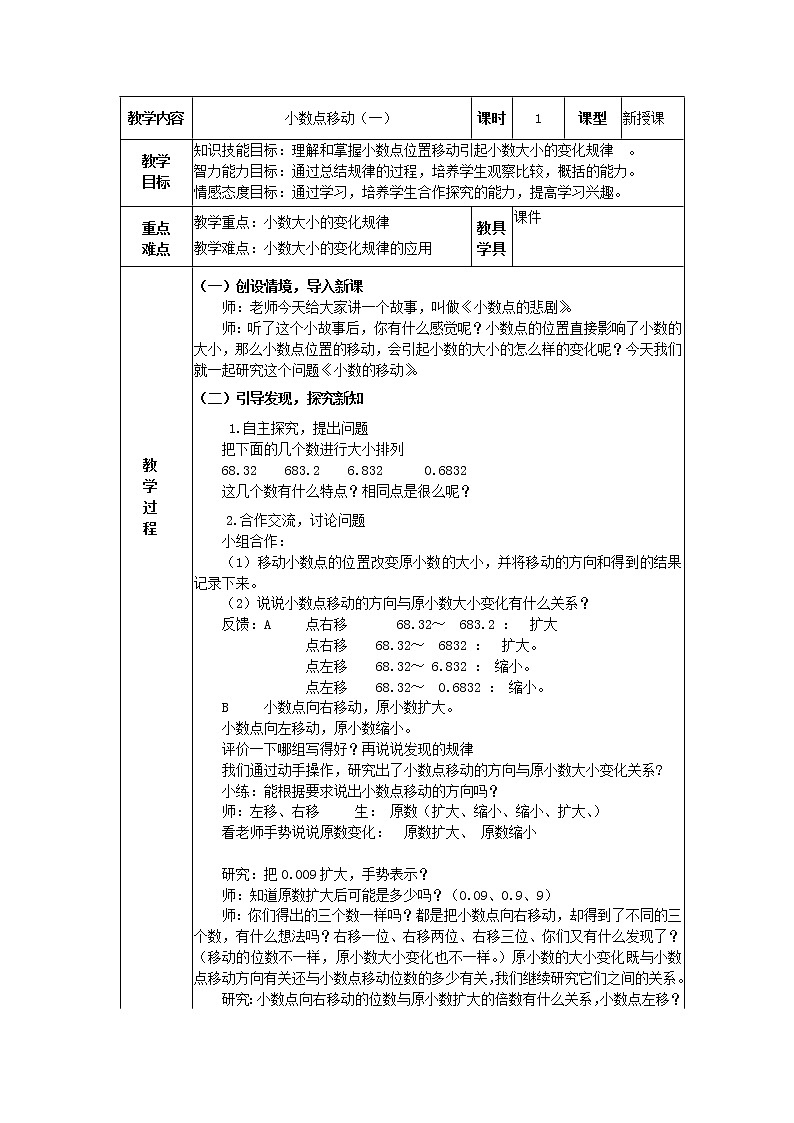 四年级下册数学教案 2.5 小数点移动 沪教版 (1)01