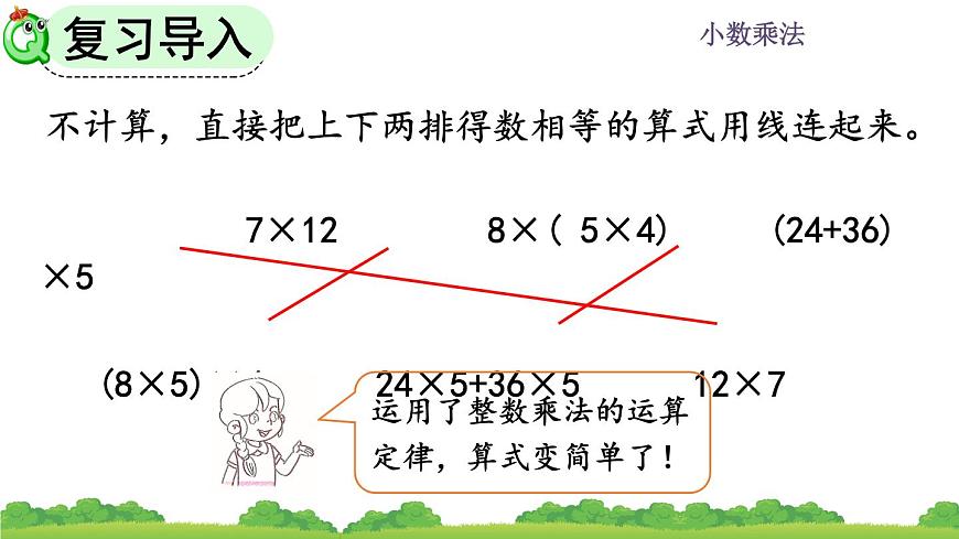 人教版小學(xué)數(shù)學(xué) 五年級(jí)上冊(cè) 1.4 整數(shù)乘法運(yùn)算定律推廣到小數(shù) 課件第2頁(yè)
