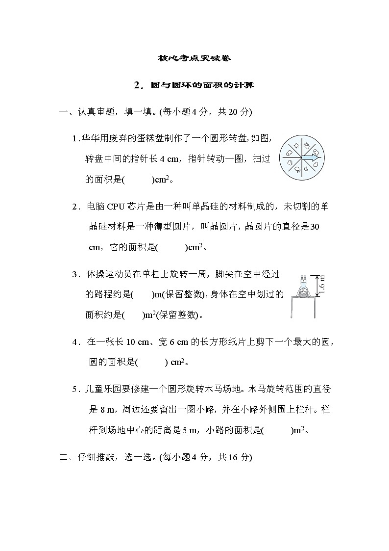 北师大版六年级数学上册2.圆与圆环的面积的计算 试卷01