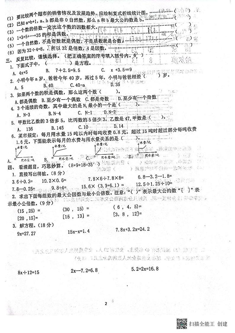 江苏省宿迁市泗阳县2021-2022学年五年级下学期期中调研数学试题(无答案)第2页