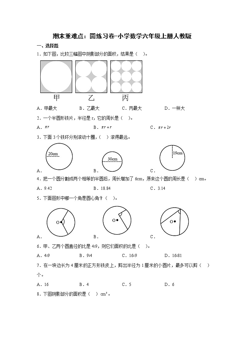期末重难点:圆练习卷(单元测试)-小学数学六年级上册人教版第1页