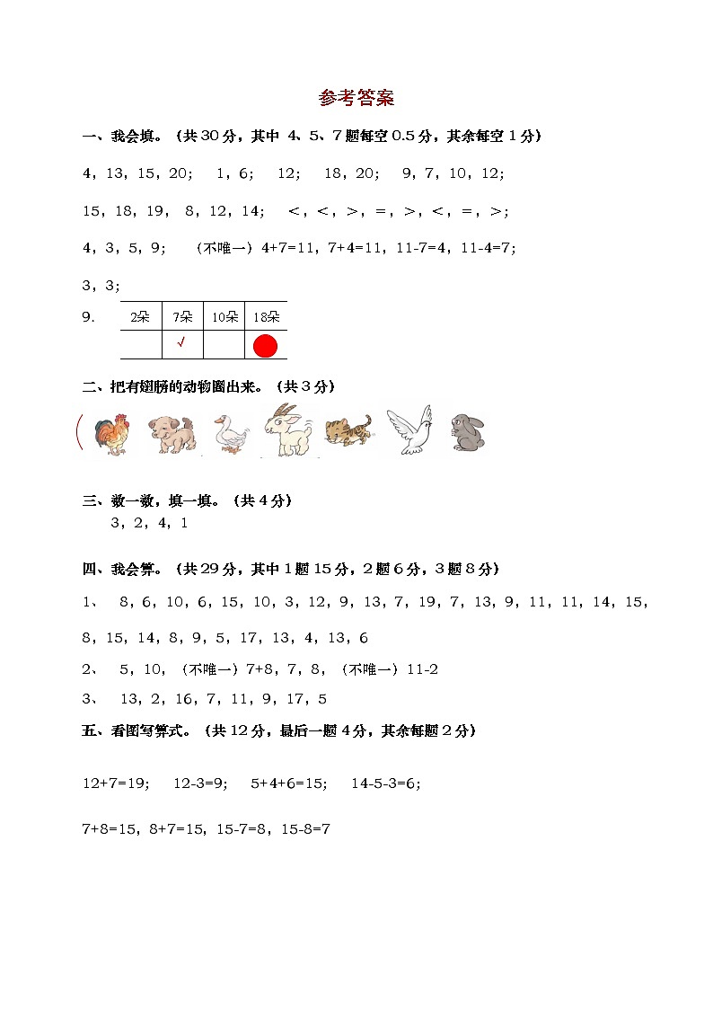 【期末预测】2022-2023学年西师大版一年级上册-期末押题卷(答案)第1页