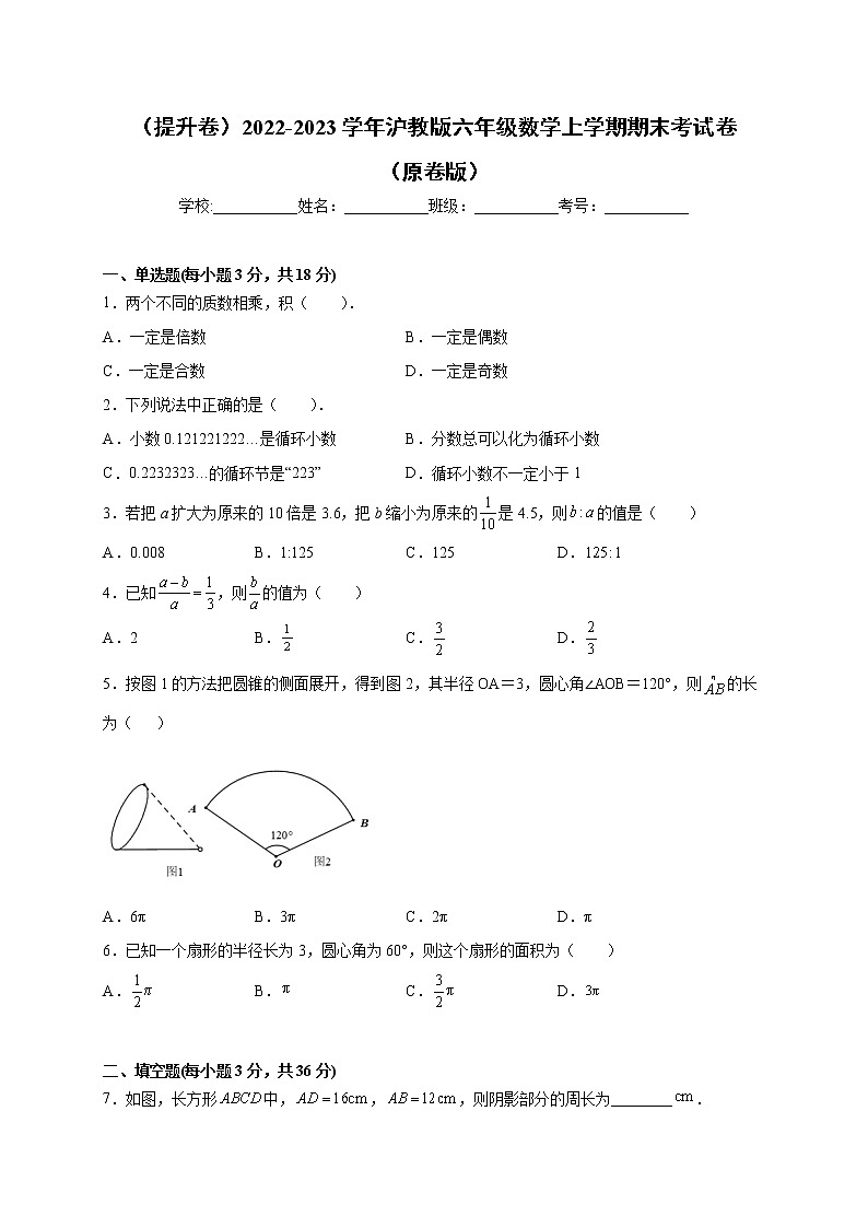 【期末仿真检测】沪教版数学 六年级上学期-期末检测卷(提升卷)(原卷版)第1页