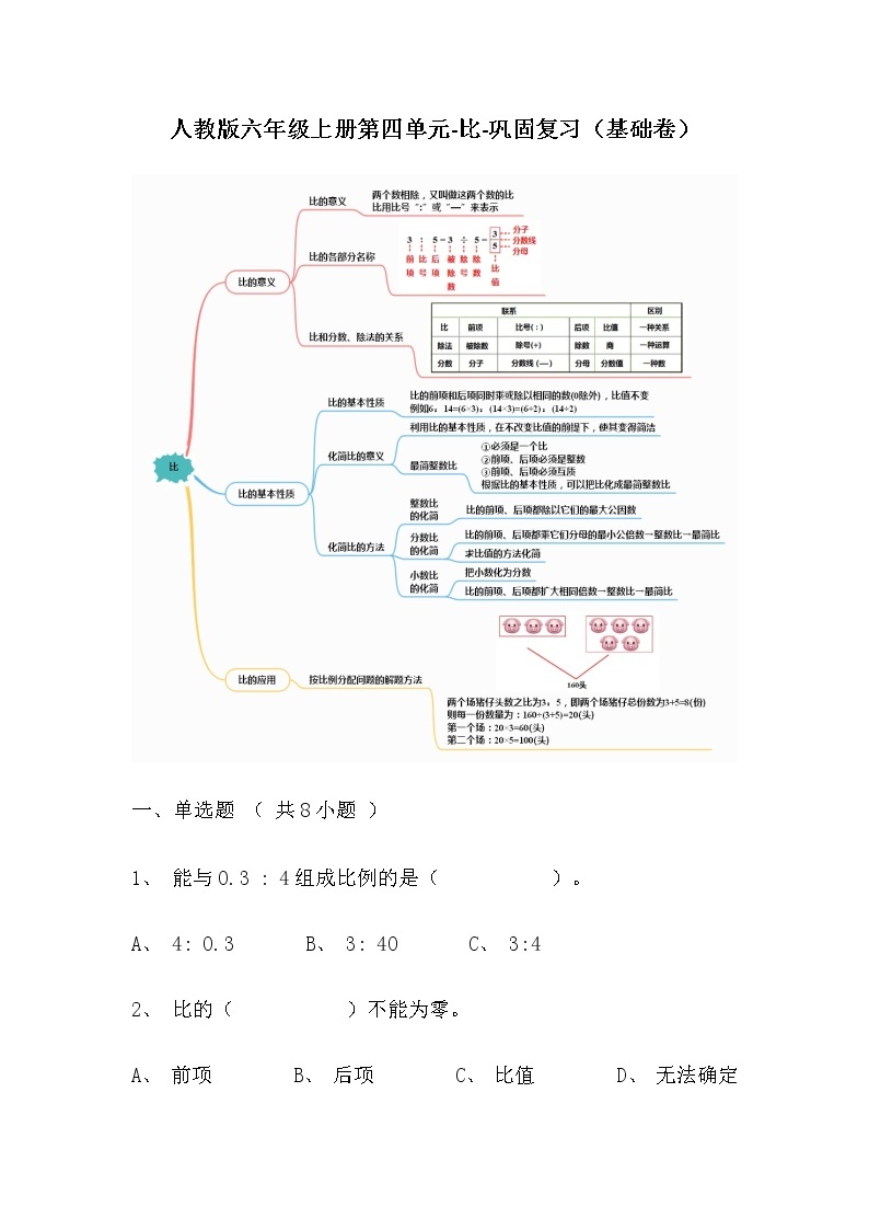 【寒假巩固复习】人教版数学六年级上册-第四单元《比》基础卷（含答案）01