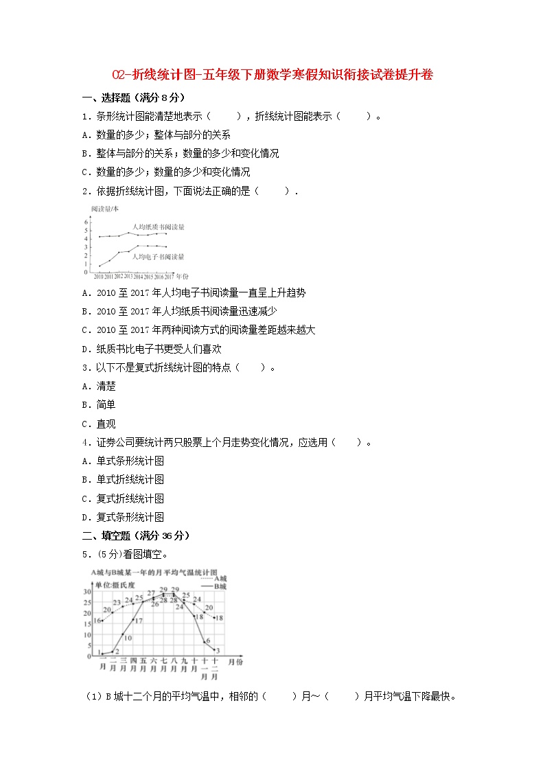 【寒假自学课】苏教版数学五年级下册-寒假知识衔接02-折线统计图 提升卷（含答案）