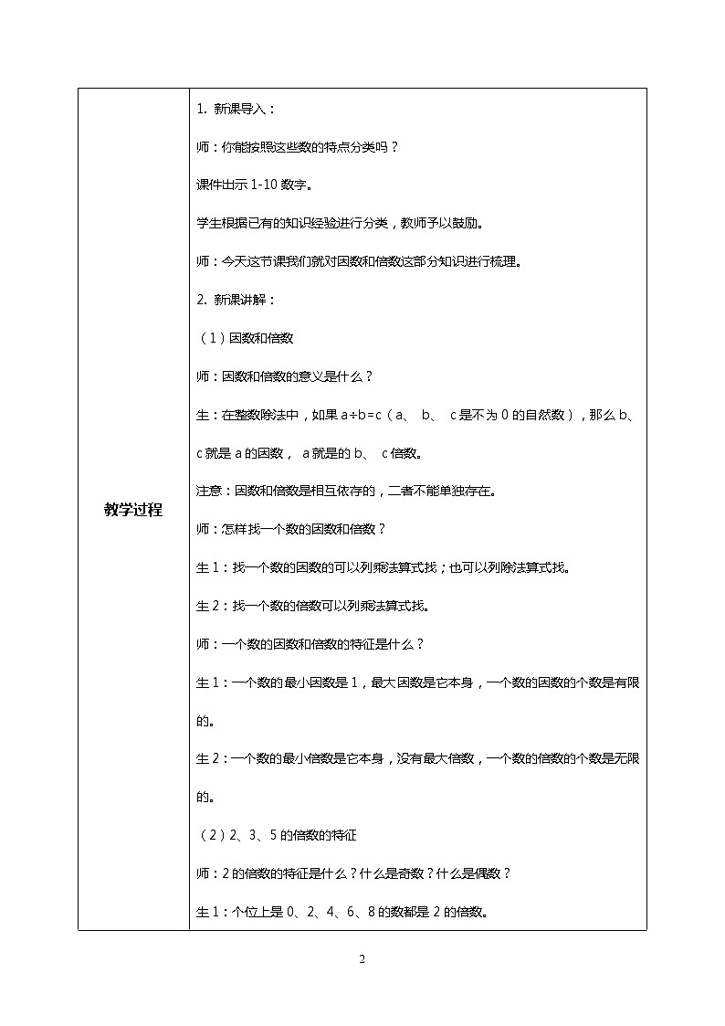 人教版數(shù)學五下9.1《因數(shù)和倍數(shù)》教學設(shè)計第2頁