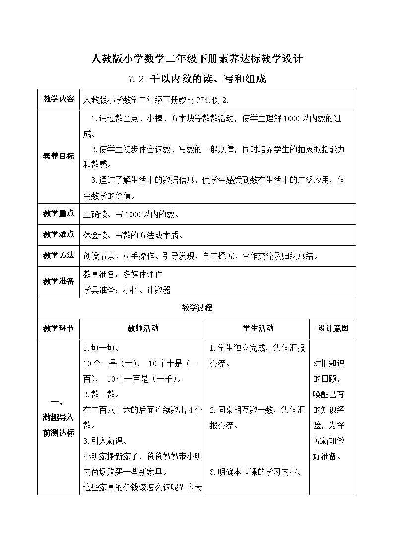 2023春人教版小学数学二年级下册备课资源包-7.2《千以内数的读、写和组成(例2)》 课件教案练习01