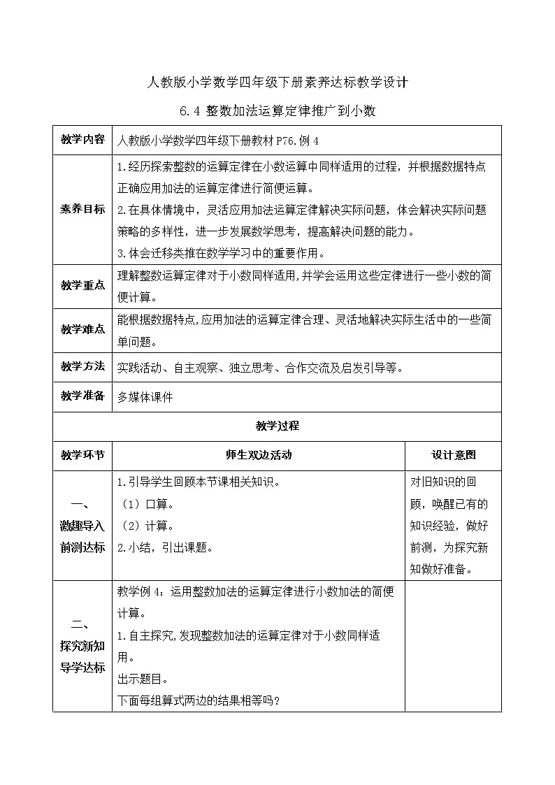 2023春人教版四年级数学下册备课资源包-6.4《整数加法运算定律推广到小数 (例4)》 课件教案练习01