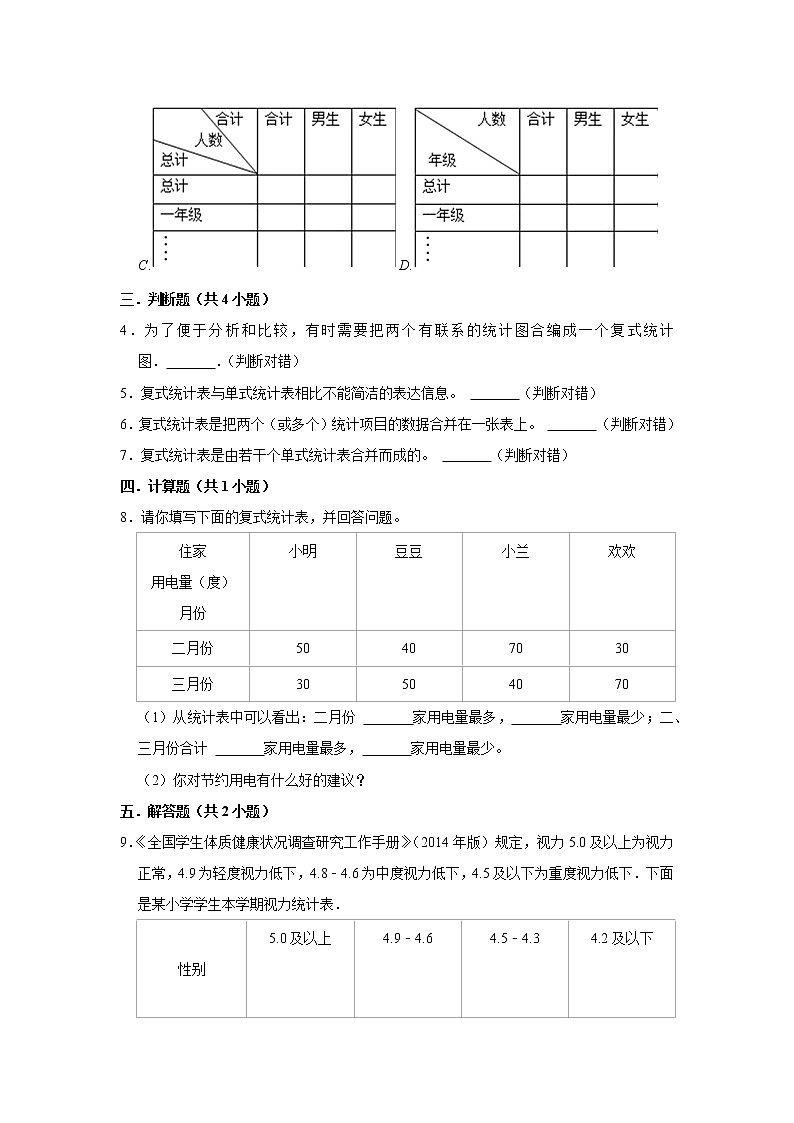 (基础篇) 人教版小学数学三年级下册同步分层作业3.1复式统计表第2页