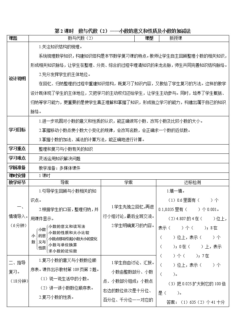 人教版数学四下 第十单元 第2课时 数与代数(2)——小数的意义和性质及小数的加减法 课件+教案+导学案01