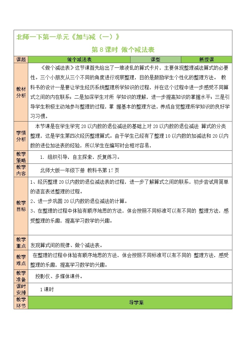 一 加与减（一）做个减法表  第8课时 课件+教案01