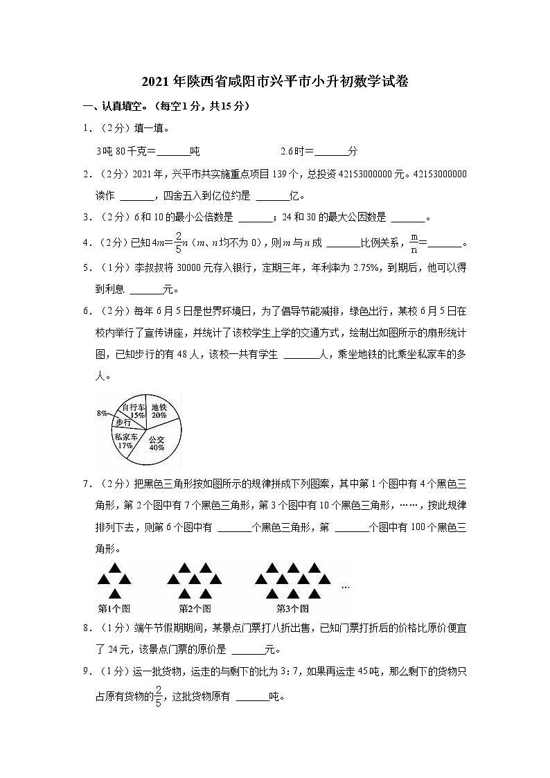 2021年陕西省咸阳市兴平市小升初数学试卷01