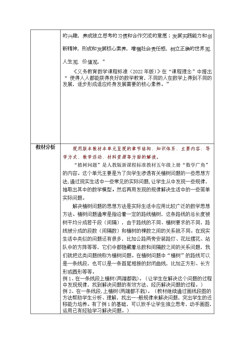 人教版五年级上册第七单元《数学广角》植树问题教学设计第2页