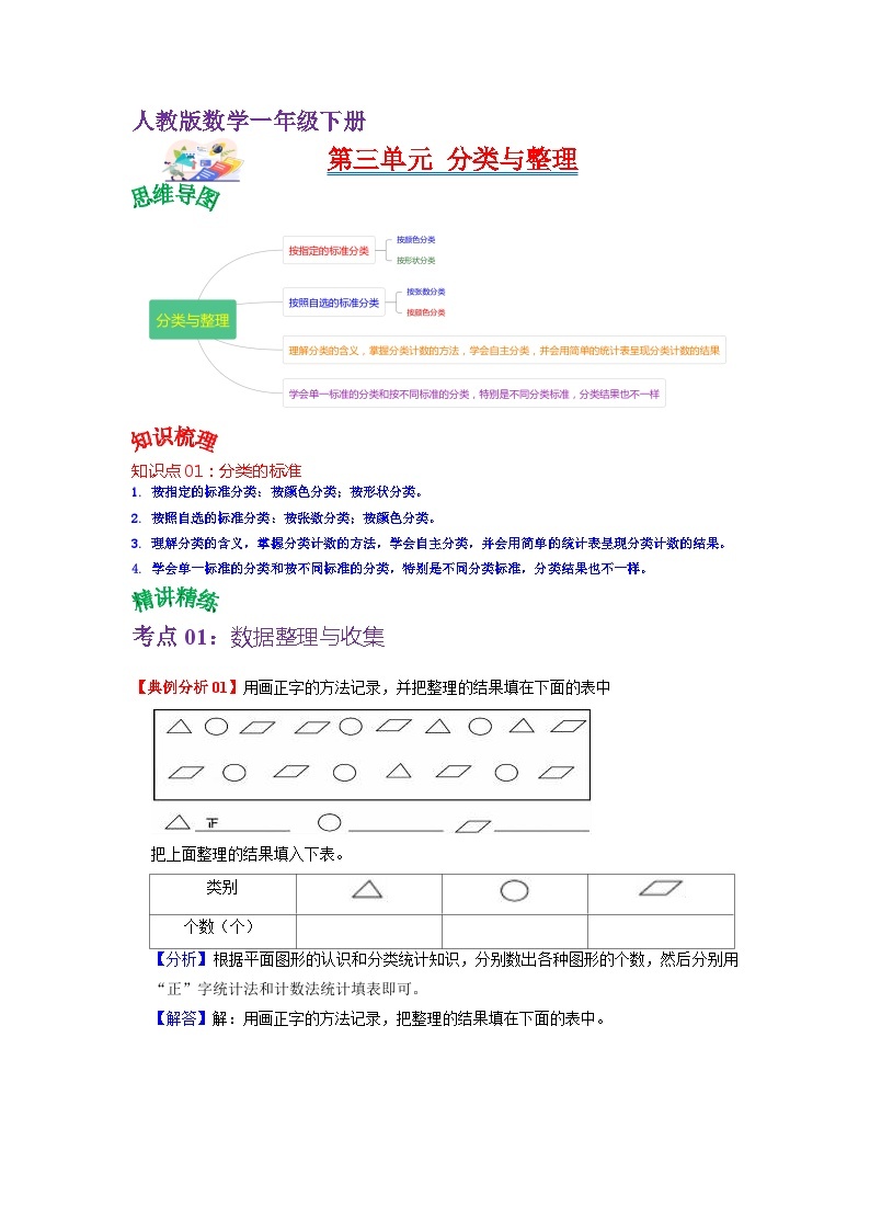 第三单元 分类与整理——2024学年一年级下册数学人教版知识点总结+练习学案（教师版+学生版）01