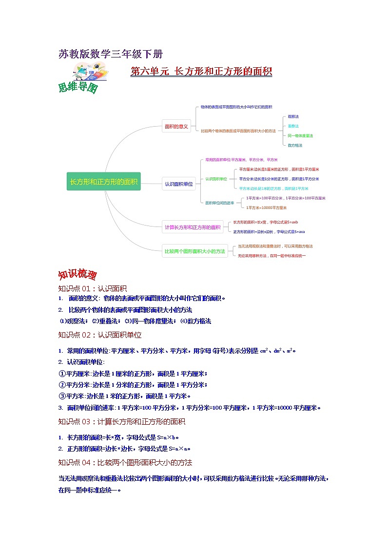 第六单元 长方形和正方形的面积——2022-2023学年三年级下册数学苏教版知识点总结+练习学案(教师版+学生版)01