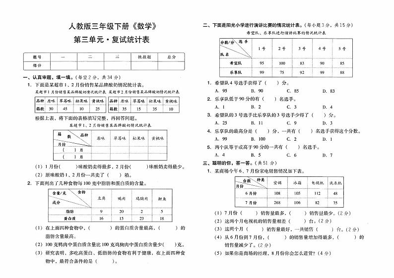 人教版三年级下册《数学》第三单元综合素质测评卷(复试统计图)【内含参考答案】01