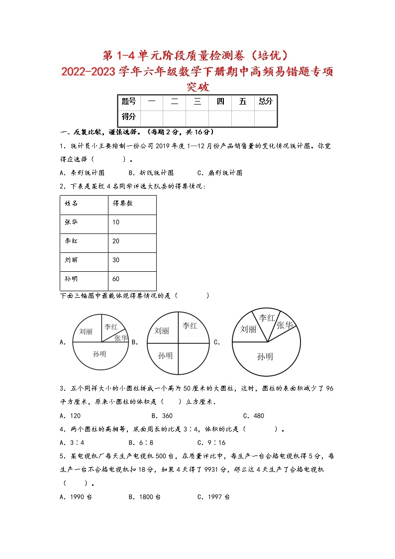 【期中备考】第1-4单元阶段质量检测卷（培优）+-2022-2023学年六年级数学下册期中高频易错题专项突破（苏教版）01