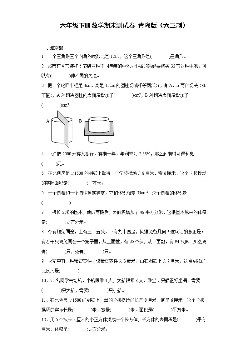 六年級(jí)下冊(cè)數(shù)學(xué)期末測(cè)試卷青島版(六三制)第1頁(yè)