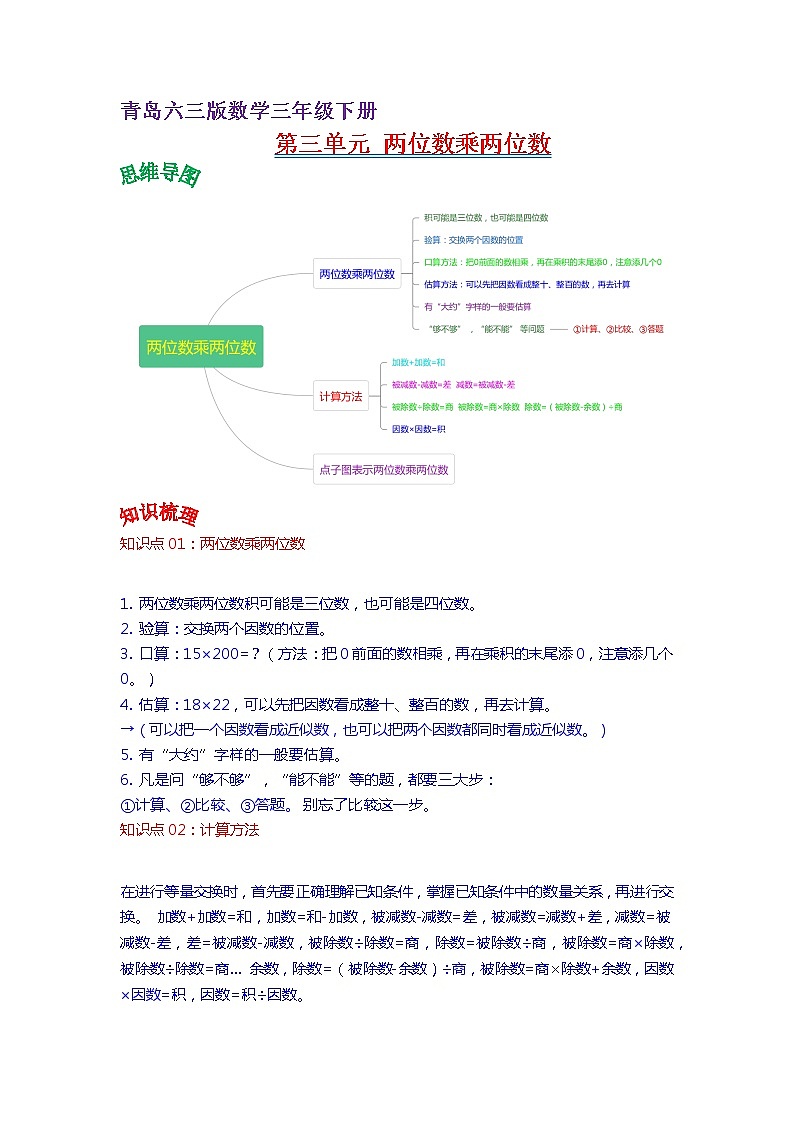 2022-2023學(xué)年青島六三版數(shù)學(xué)三年級下冊單元復(fù)習(xí)精講精練：第三單元  兩位數(shù)乘兩位數(shù)（學(xué)生版） 第1頁