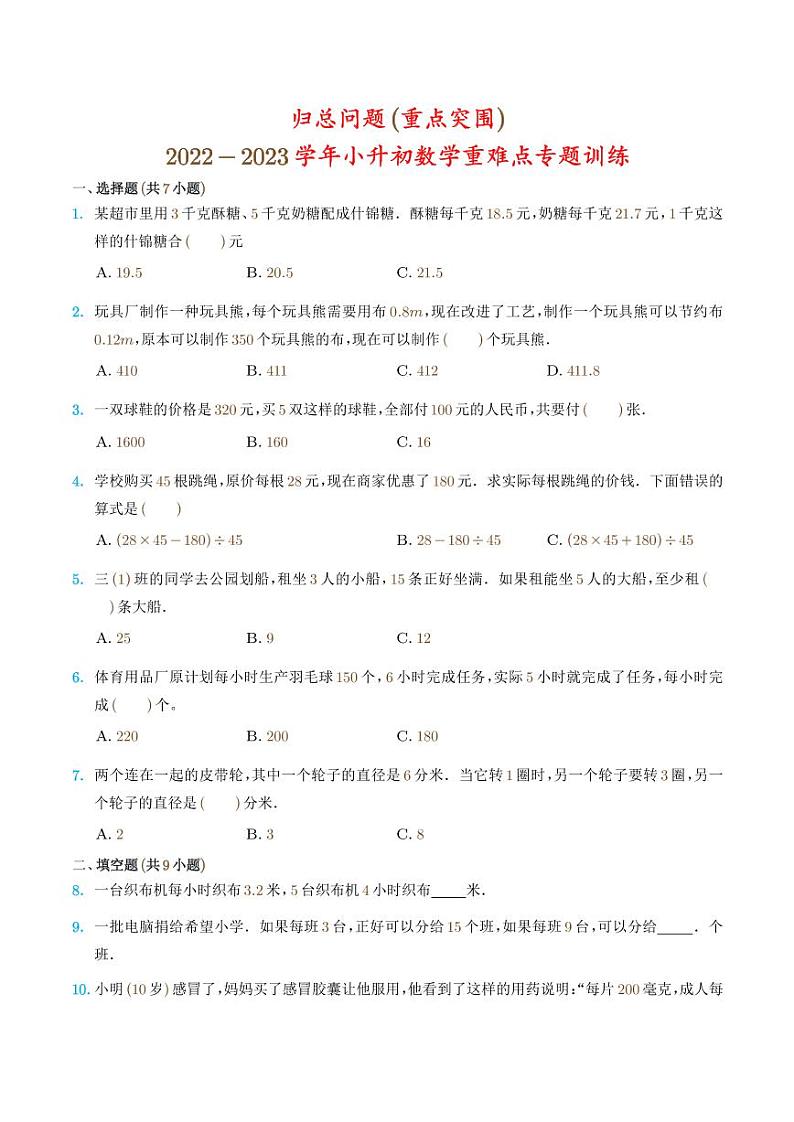 2022-2023学年小升初数学重难点专题训练 归总问题第1页