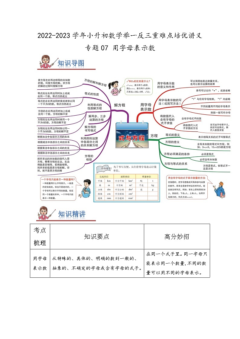 专题07《用字母表示数》 ——2022-2023学年小学数学六年级下册小升初全国通用版专题复习讲义(解析版)第1页