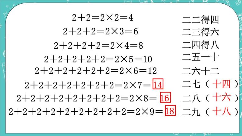 西师大版数学二年级上册 第一单元  表内乘法（一） 第4课时  2的乘法口诀 PPT课件06