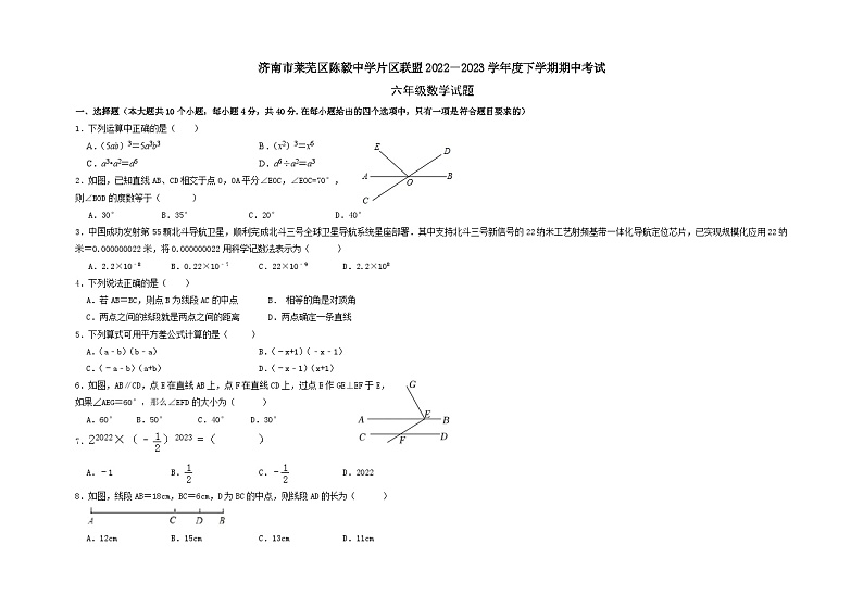 山东省济南市莱芜区陈毅中学片区联盟2022-2023学年六年级下学期期中考试数学试题第1页