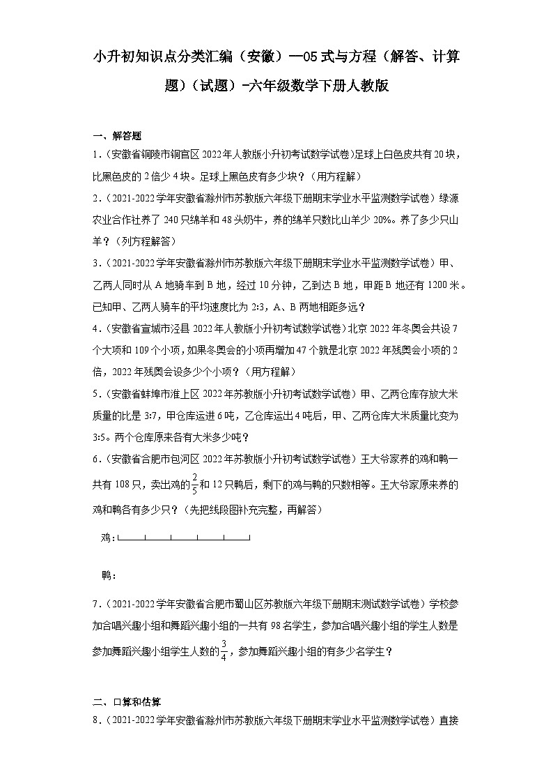 小升初知识点分类汇编(安徽)--05式与方程(解答、计算题)(试题)-六年级数学下册人教版第1页