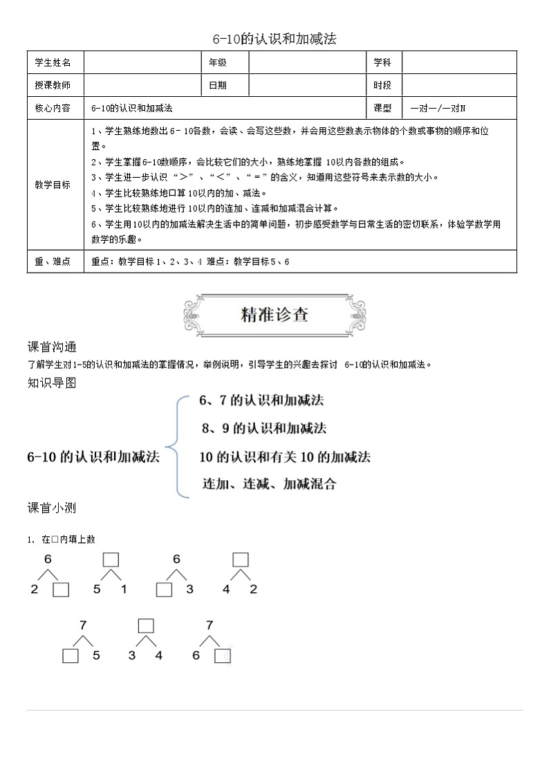 【典型例题】人教版一年级数学上册典型例题系列(带答案)6、6-10的认识和加减法第1页