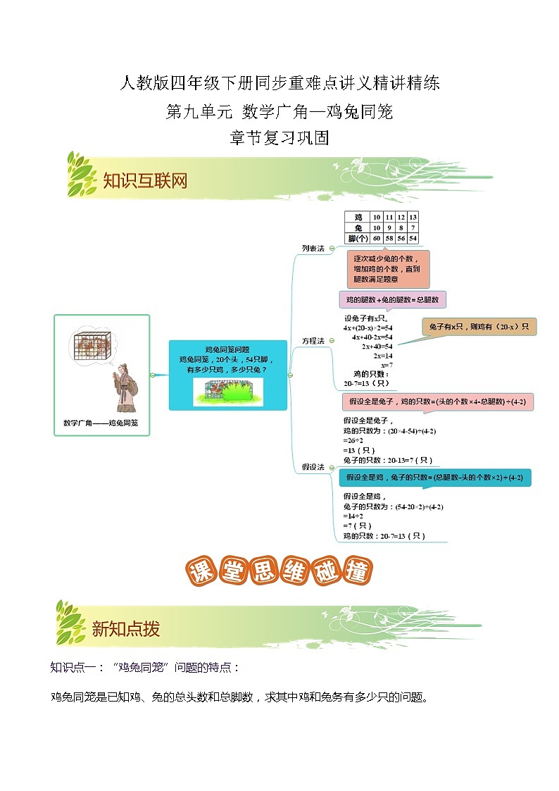 【期末复习】第九单元《数学广角—鸡兔同笼》——小学数学人教版四年级下册单元知识梳理+练习(原卷版+解析版)01