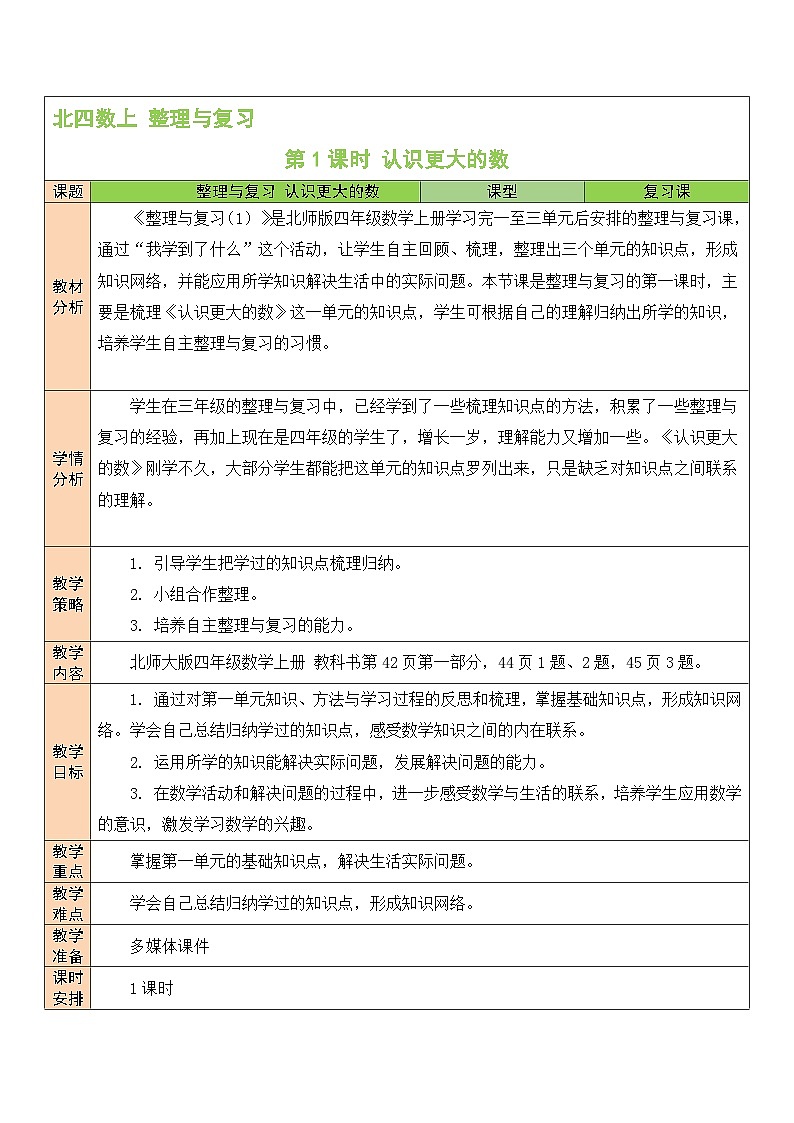 北师版数学四年级上册 整理与复习 第1课时 认识更大的数 课件+教案01
