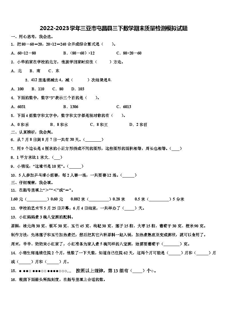 2022-2023学年三亚市屯昌县三下数学期末质量检测模拟试题含解析第1页
