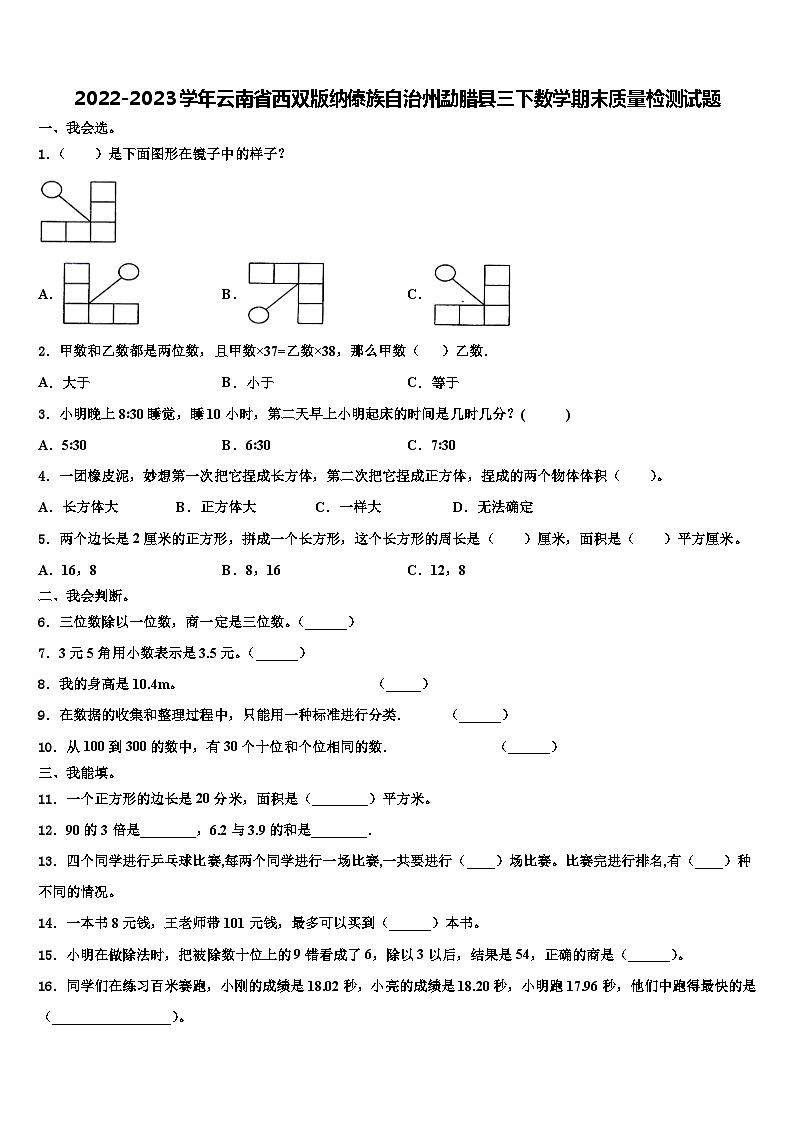 2022-2023学年云南省西双版纳傣族自治州勐腊县三下数学期末质量检测试题含解析第1页