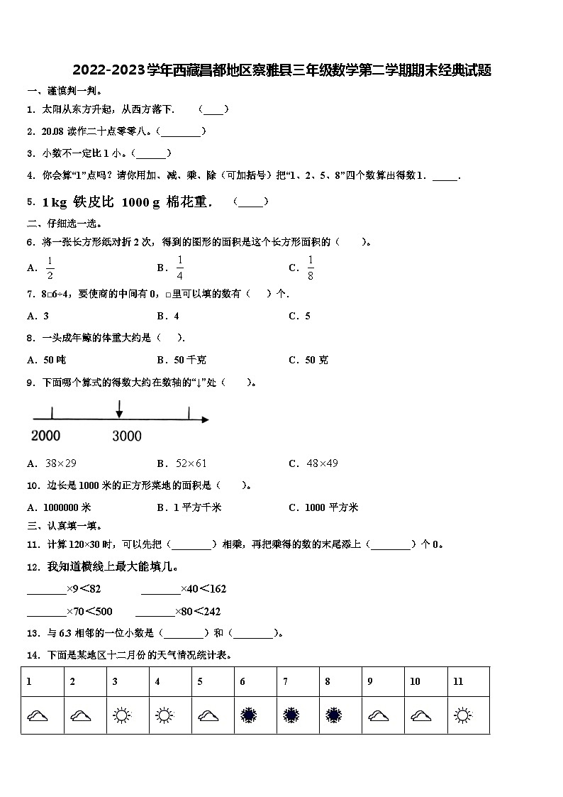 2022-2023学年西藏昌都地区察雅县三年级数学第二学期期末经典试题含解析第1页