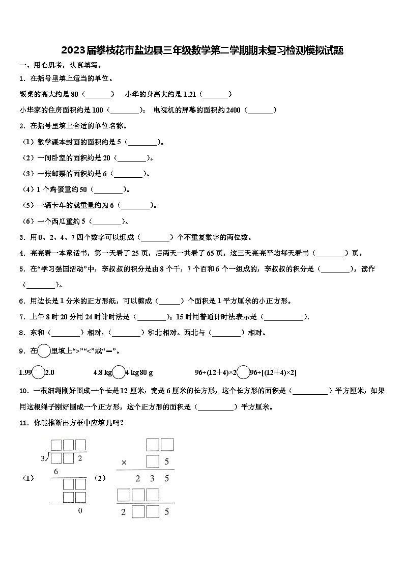 2023届攀枝花市盐边县三年级数学第二学期期末复习检测模拟试题含解析第1页