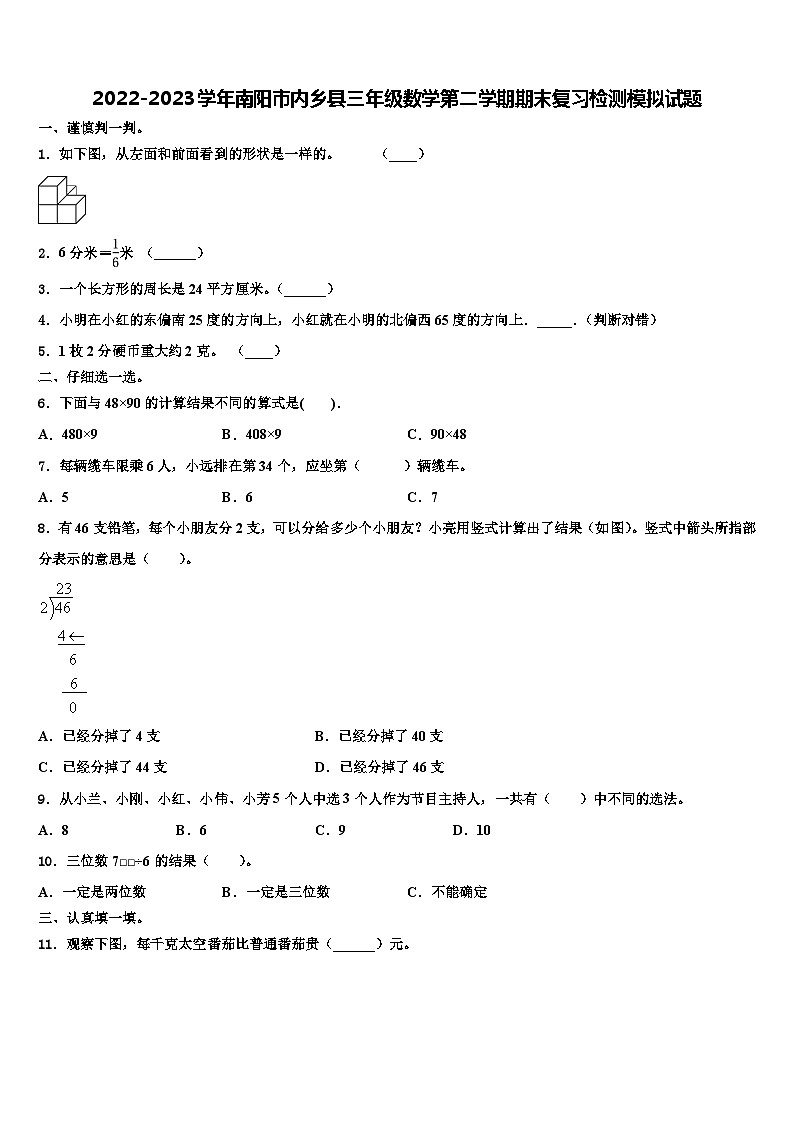 2022-2023学年南阳市内乡县三年级数学第二学期期末复习检测模拟试题含解析第1页
