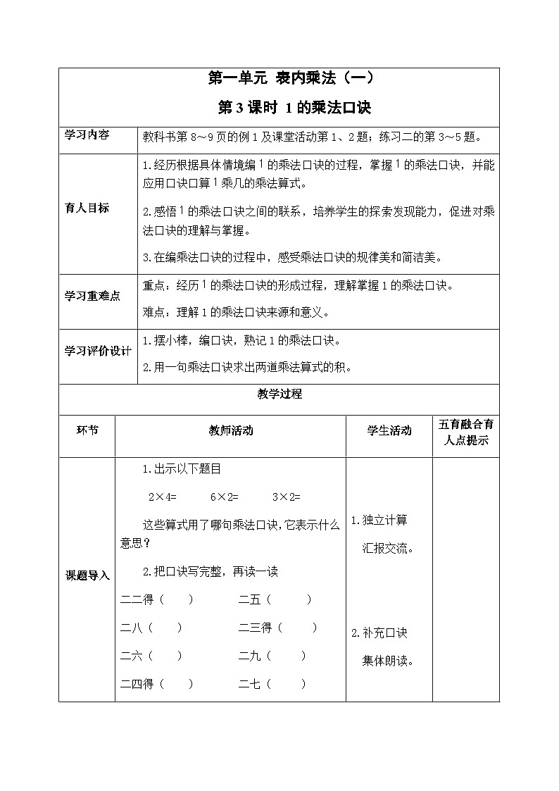 西南2数上 一 表内乘法(一)2. 1,2的乘法口诀 PPT课件+教案01