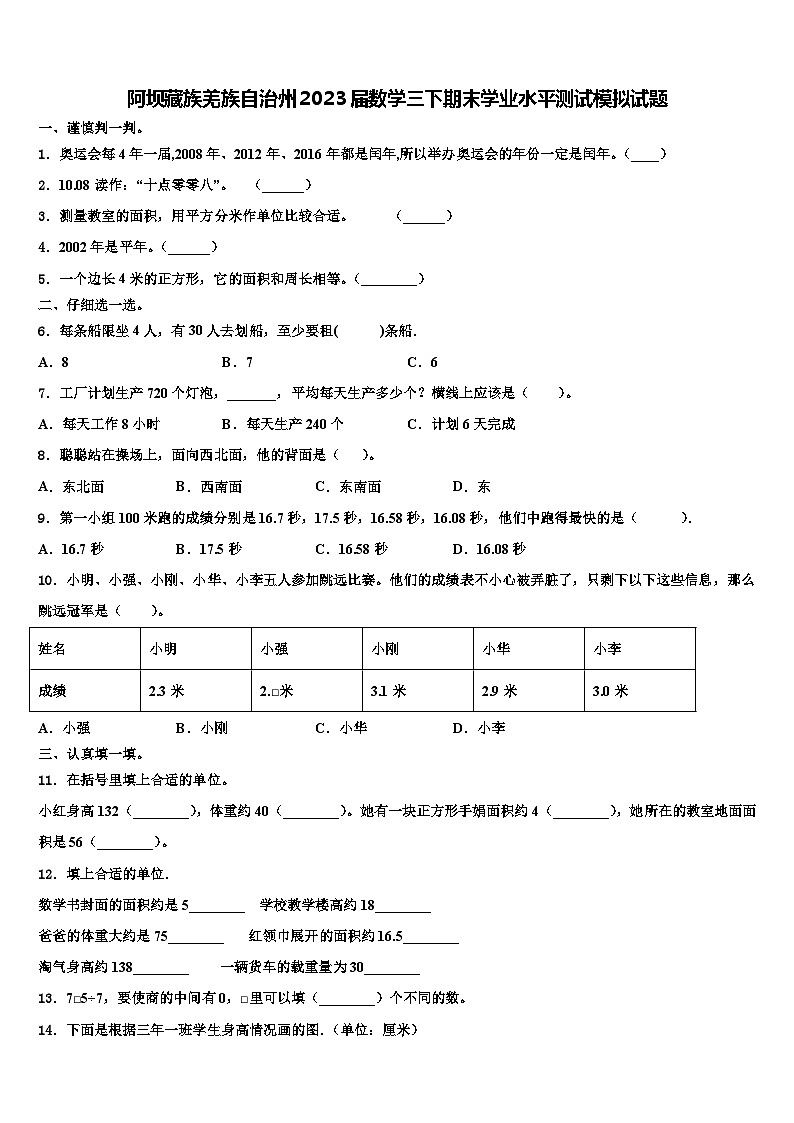 阿坝藏族羌族自治州2023届数学三下期末学业水平测试模拟试题含解析第1页