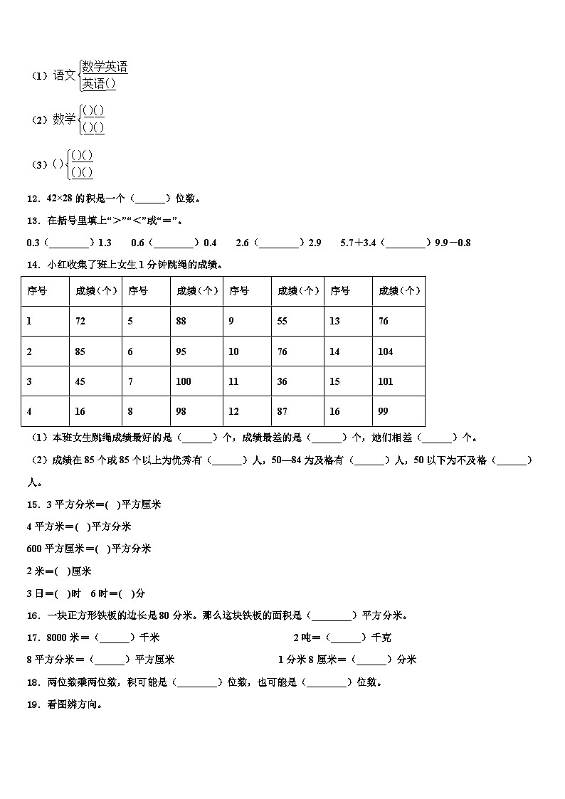 雅安市汉源县2022-2023学年三下数学期末预测试题含解析02