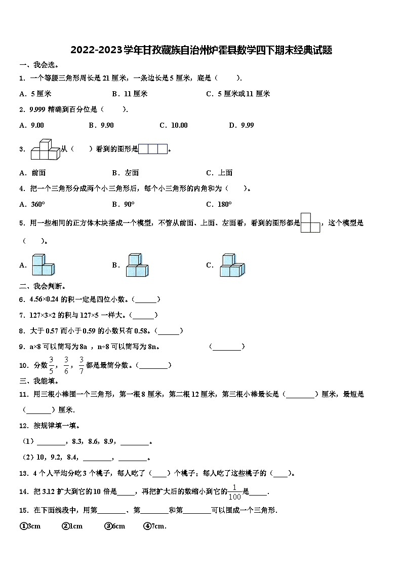 2022-2023学年甘孜藏族自治州炉霍县数学四下期末经典试题含解析第1页