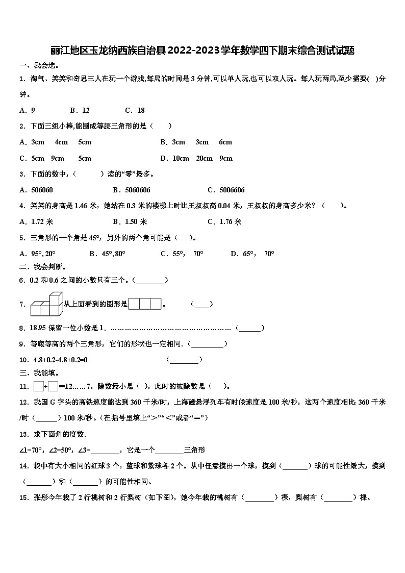 丽江地区玉龙纳西族自治县2022-2023学年数学四下期末综合测试试题含解析第1页
