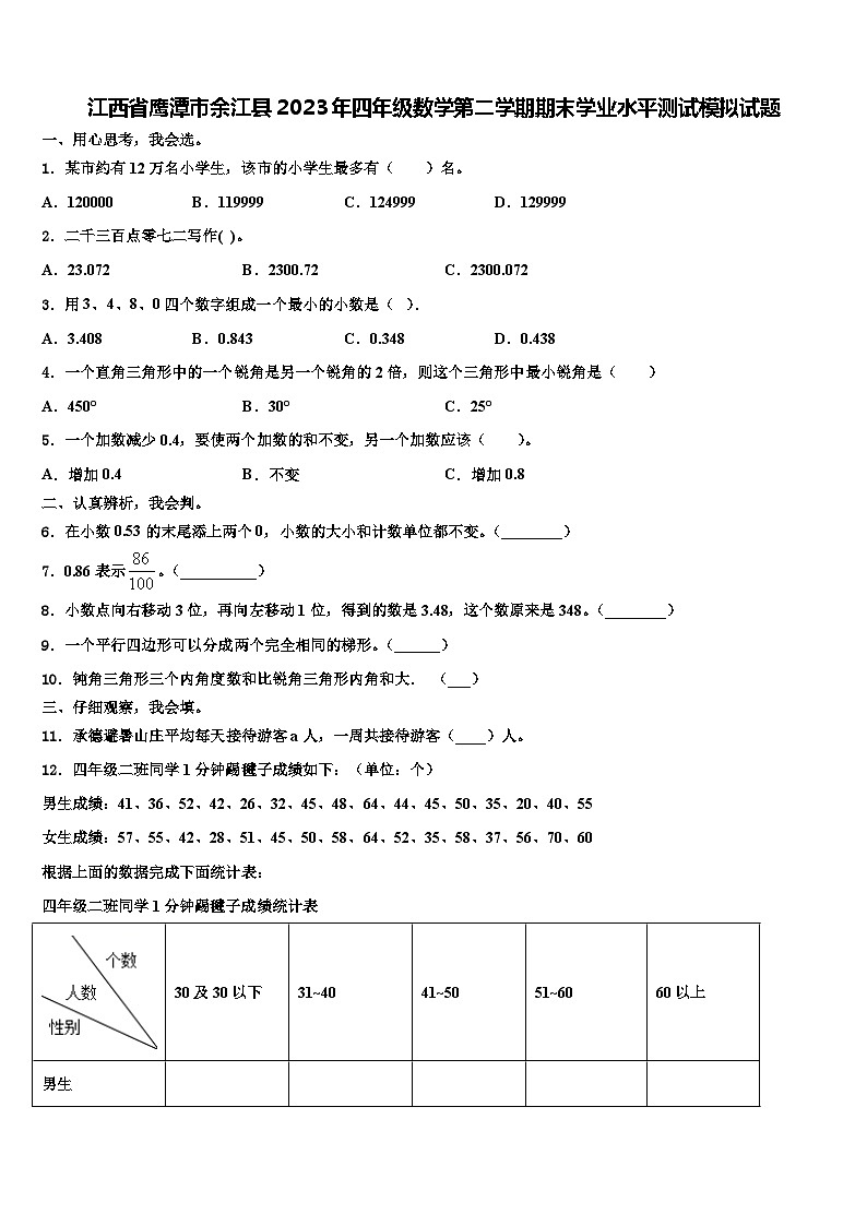 江西省鹰潭市余江县2023年四年级数学第二学期期末学业水平测试模拟试题含解析第1页