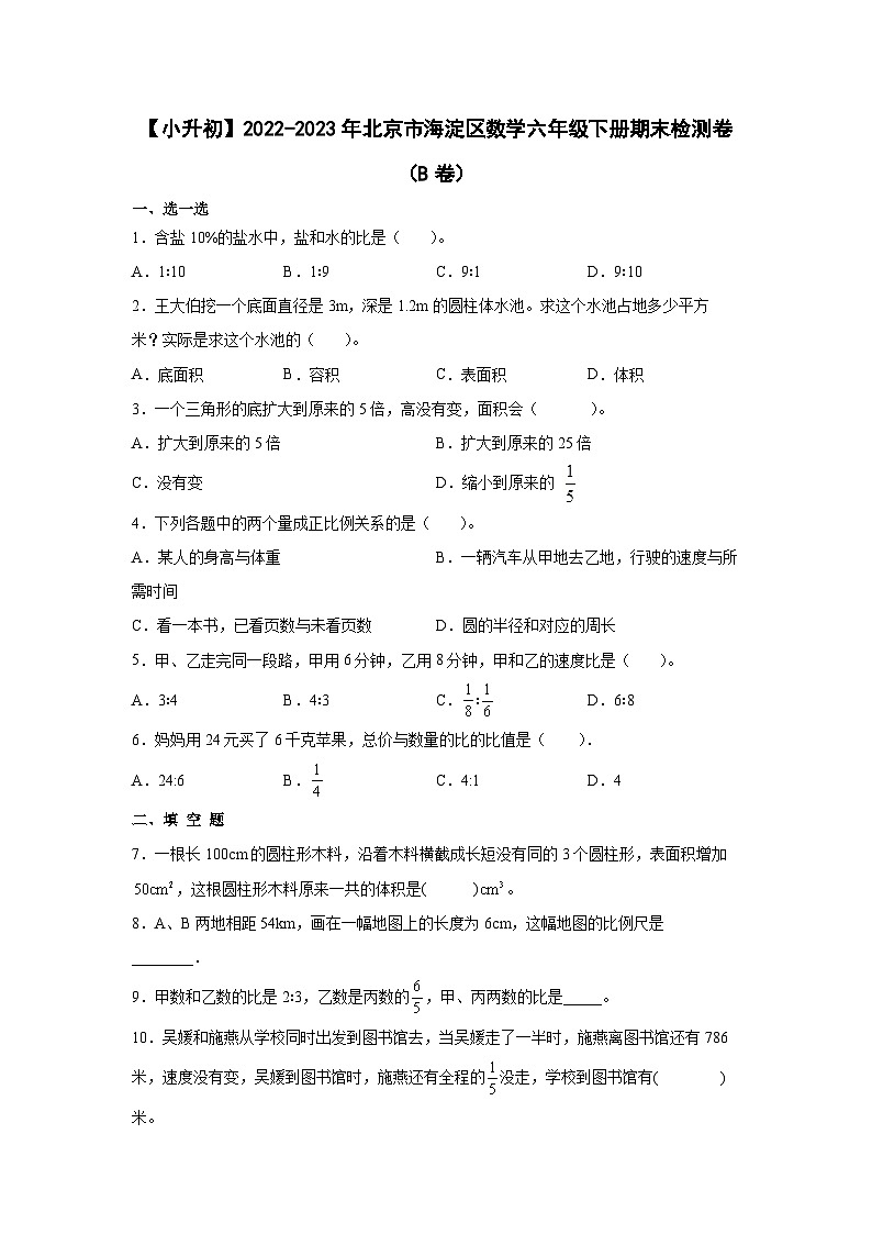 【小升初】2022-2023学年北京市海淀区数学六年级下册期末检测卷(B卷)含解析01