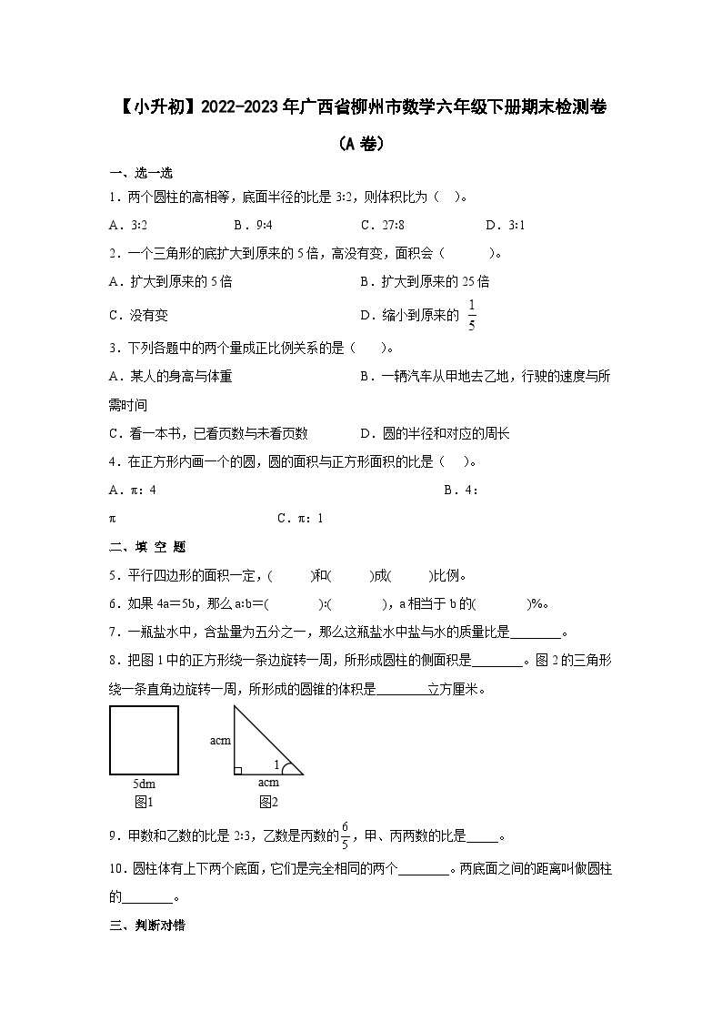 【小升初】2022-2023学年广西省柳州市数学六年级下册期末检测卷（A卷）含解析01