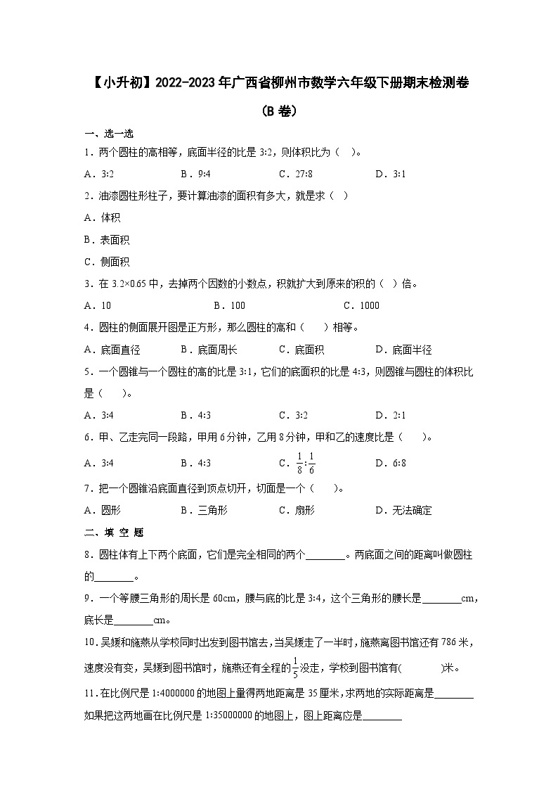 【小升初】2022-2023学年广西省柳州市数学六年级下册期末检测卷（B卷）含解析01