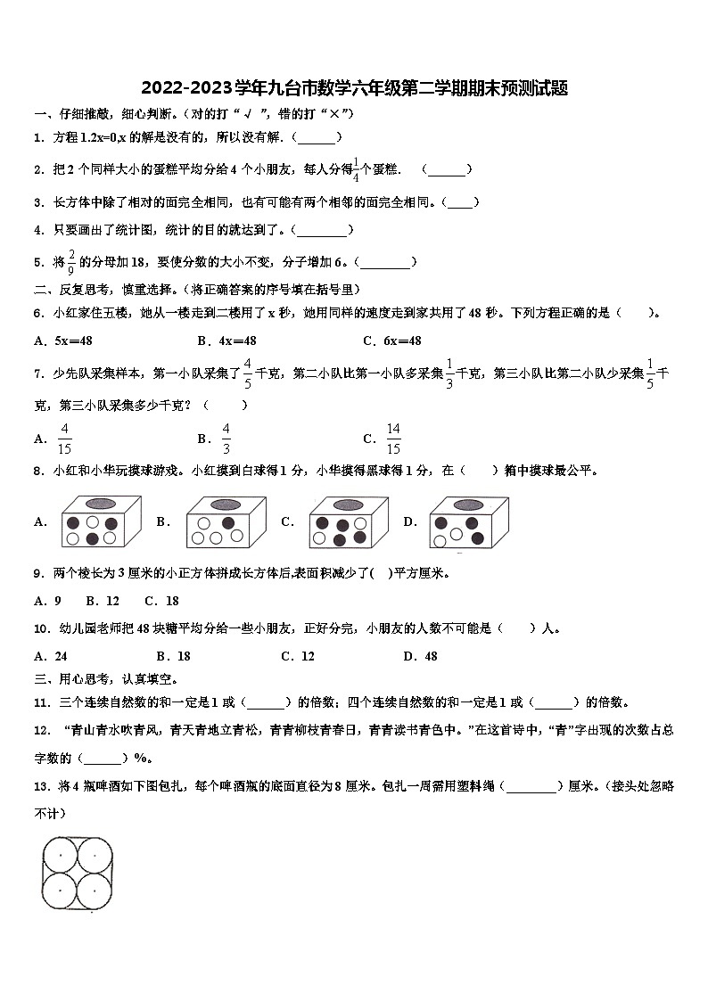 2022-2023学年九台市数学六年级第二学期期末预测试题含解析第1页
