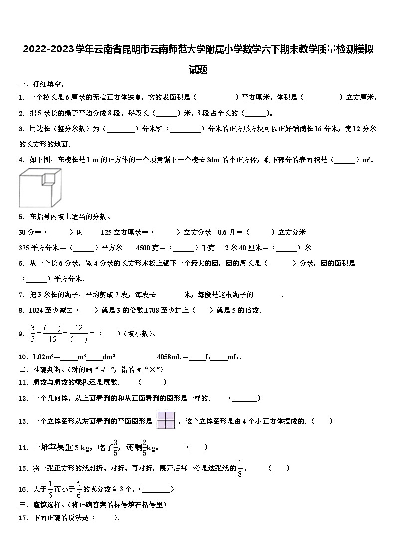 2022-2023学年云南省昆明市云南师范大学附属小学数学六下期末教学质量检测模拟试题含解析01