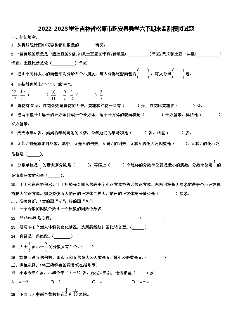 2022-2023学年吉林省松原市乾安县数学六下期末监测模拟试题含解析第1页