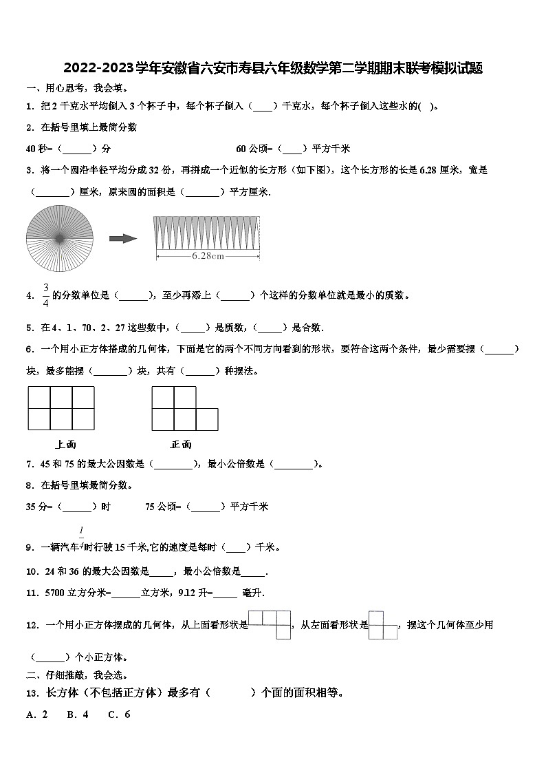 2022-2023学年安徽省六安市寿县六年级数学第二学期期末联考模拟试题含解析第1页